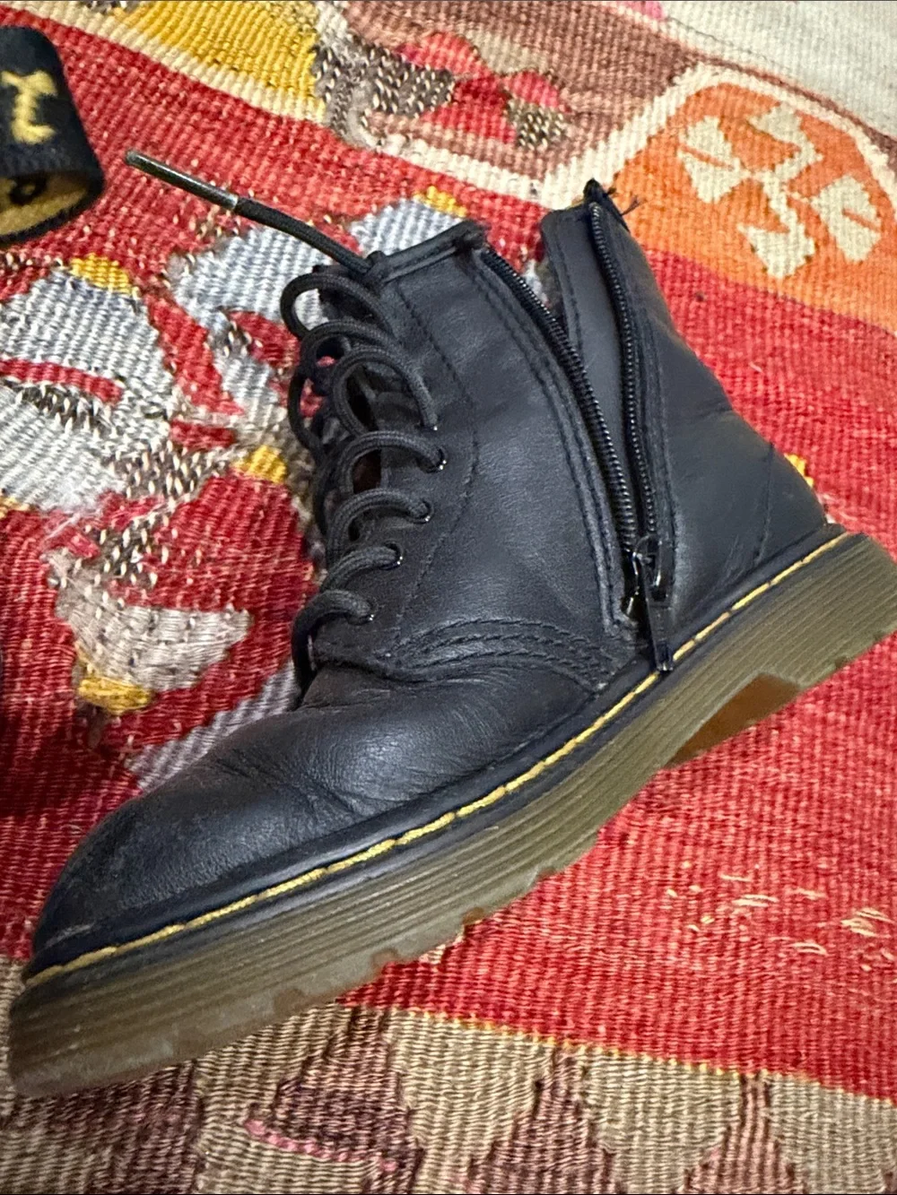 Dr. Martens Black Leather Lace-Up Ankle Boots with Yellow Stitching